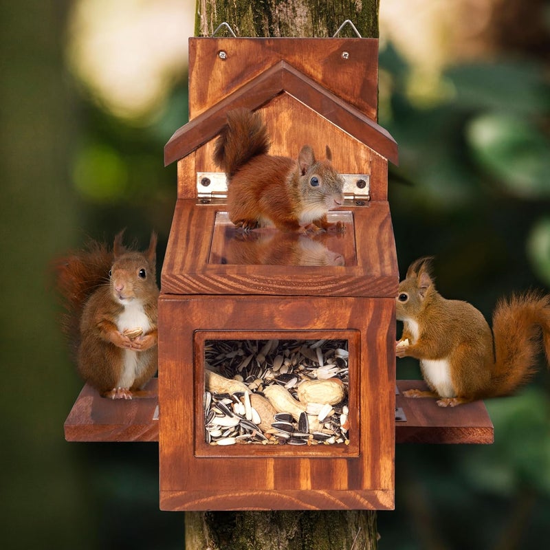 MIXUMON Wood Squirrel Feeder, Squirrel Feeders for Outside Winter, Wooden Chipmunk Feeder for Corn, Peanuts, Durable Box Easy to Fill with Removable Top Panel - Image 5
